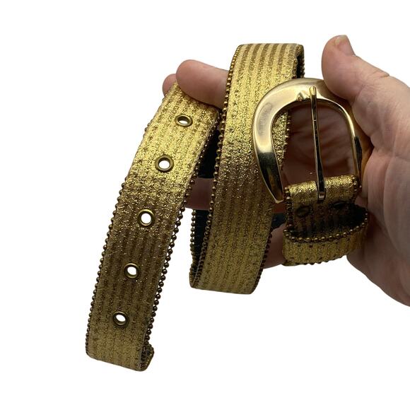 Vintage Elite Gold Metallic Belt Disco Beaded Edge 70s 80s Statement Small - Picture 2 of 5